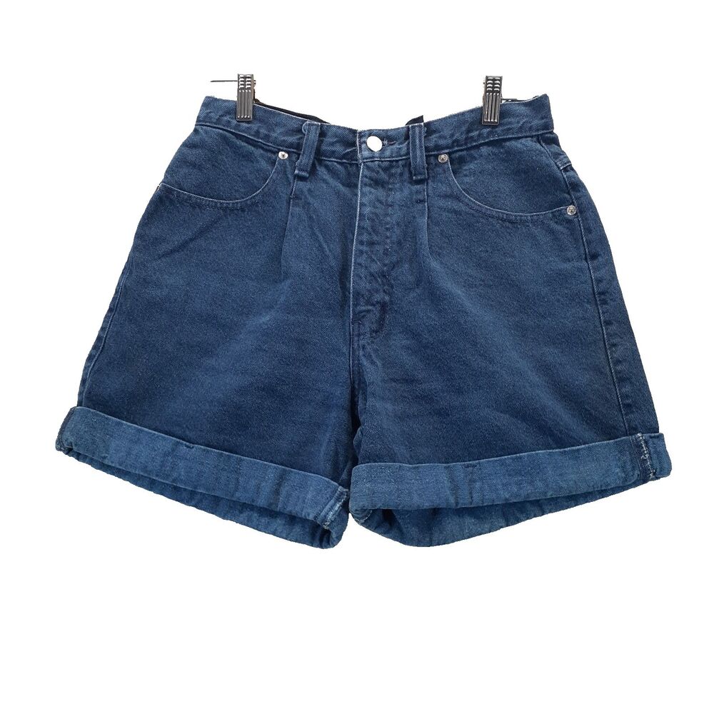 Sasson VTG Women Hi Waist Mom Pleated Rolled Hemmed Denim Shorts Sz 12 Dark Blue